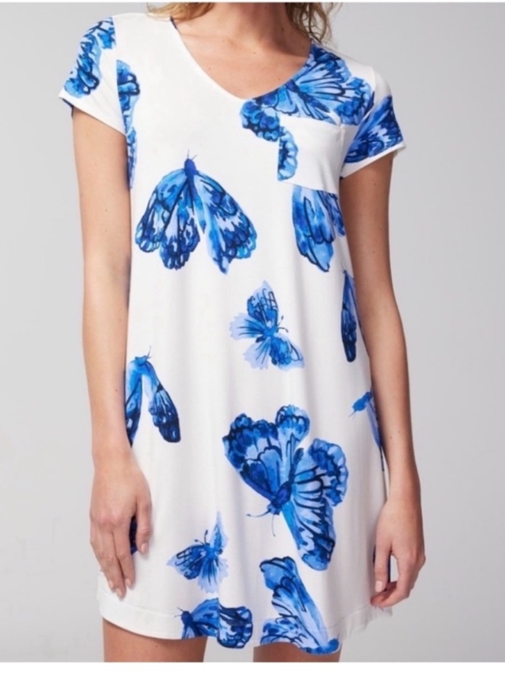 Soma Cool Nights Blue White Butterfly Print Nightgown Sleep Shirt Cozy SZ Small